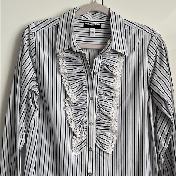 KARL LAGERFIELD Black and White Blue Striped Ruffle Button Down Shirt, Size M - Picture 10 of 10